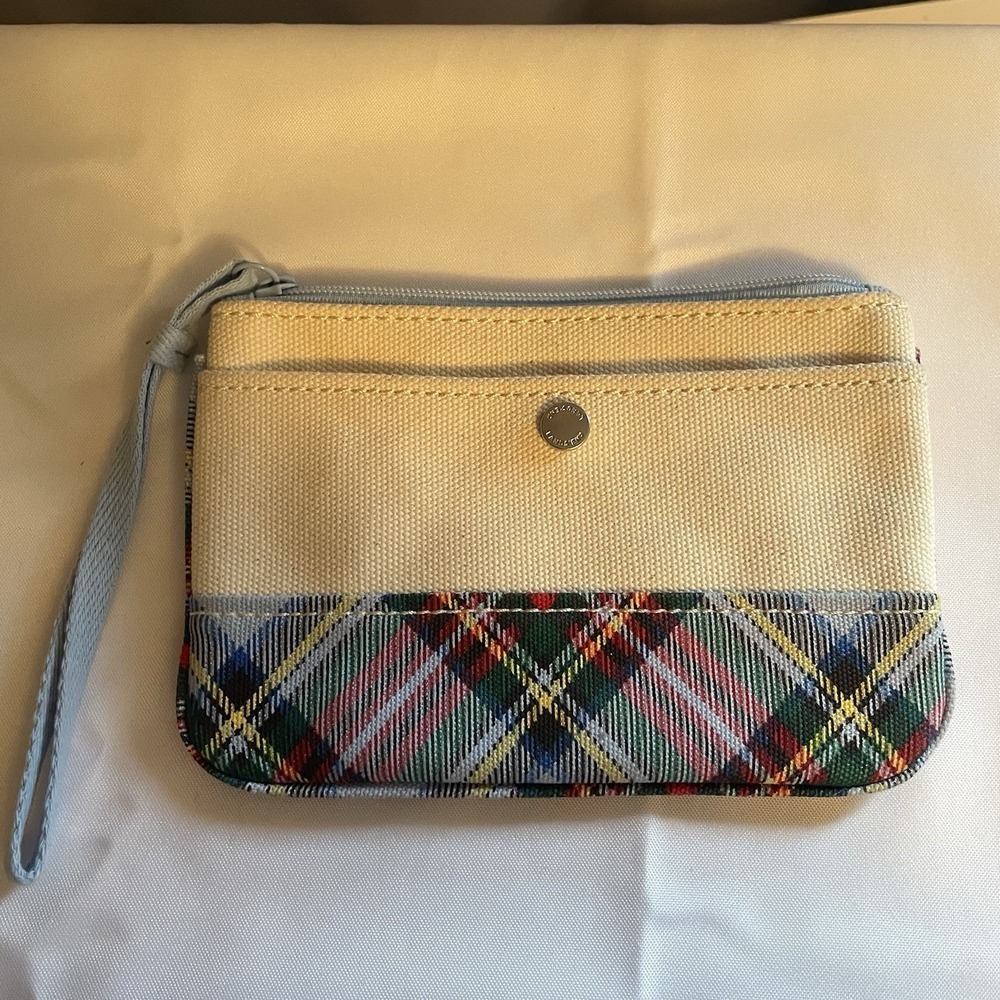 LANDS' END Plaid Cotton Canvas Wristlet Zip Pouch Purse Beige Red Blue